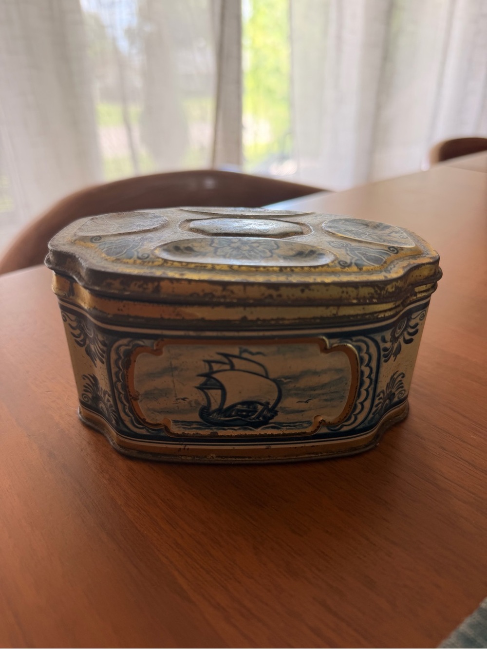 Vintage Decorative Metal Trinket Box with Sailboat Motif - Blue & Gold